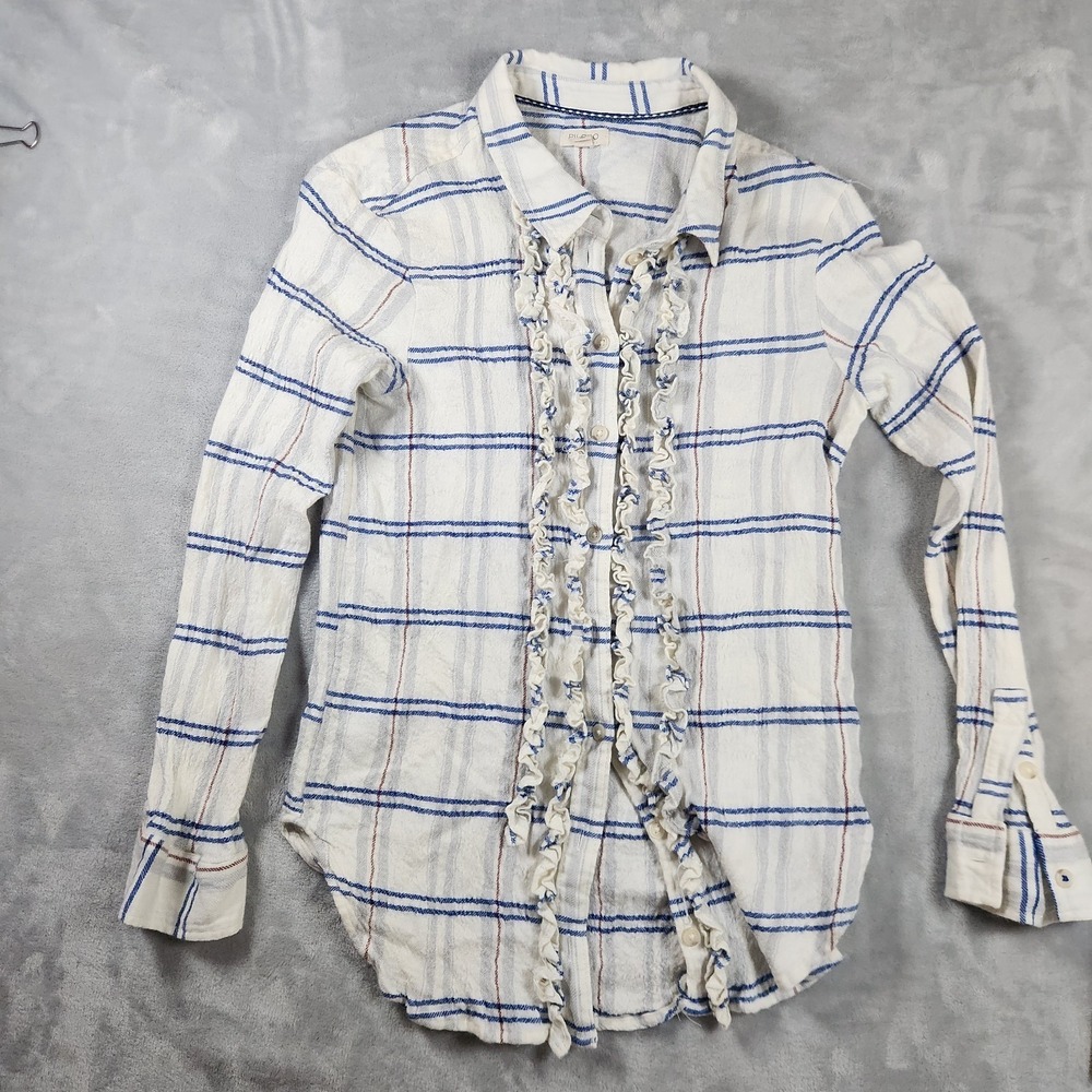 Pilcro Anthropologie Ruffle Plaid Button Down Shirt Womens M Blue White Wool